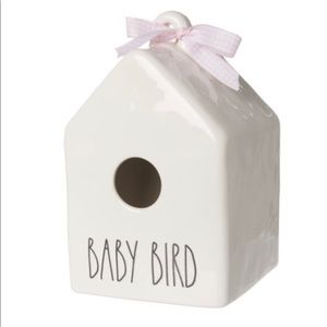 NIB Rae Dunn Baby Bird Square House Shaped Birdhouse White/Cream with Pink Bow